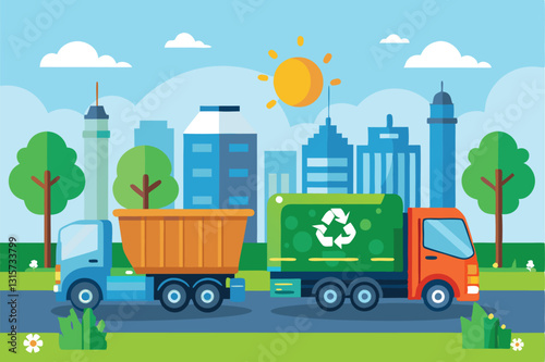 Trucks dedicated to reuse and zero waste collect garbage near a recreational area under a bright sun, Reuse and zero waste, Trucks with garbage near recycling station,