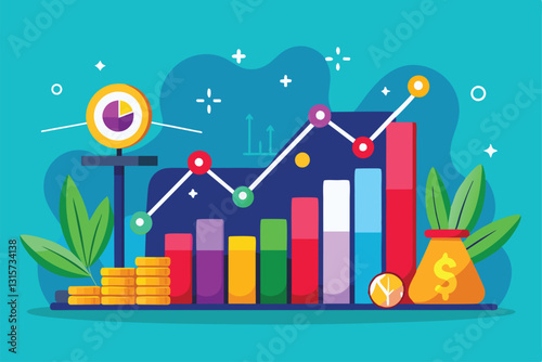 A vibrant cartoon depicting revenue growth through bar charts, coins, and cash symbols enhancing the presentation, Revenue Customizable Cartoon Illustration