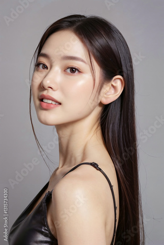 A woman with long black hair and a black dress is smiling