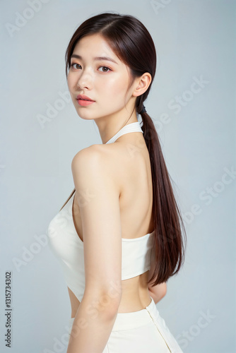 A woman with long hair and a white tank top poses for a photo