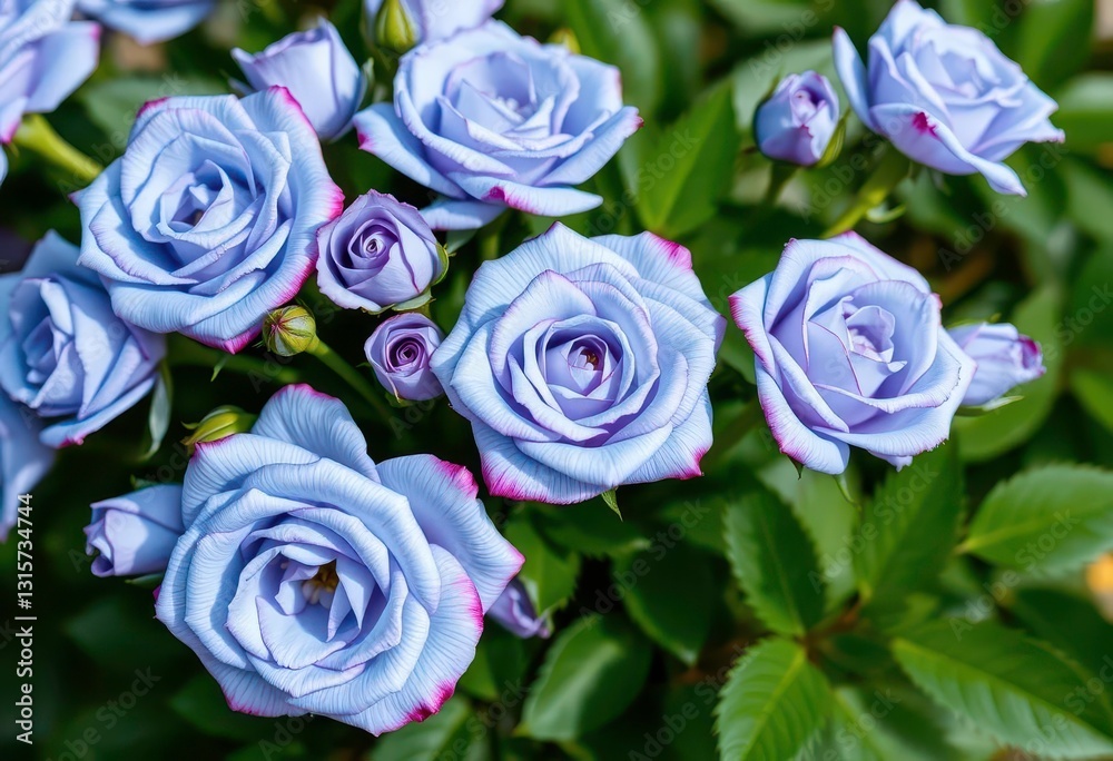 Delicate blue roses, soft green foliage, close-up view, botany, spring Delicate blue roses, soft green foliage, close-up view, botany, spring
