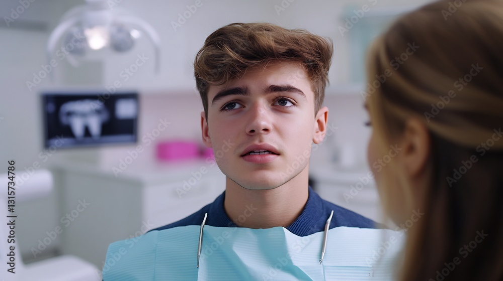 Obraz premium Concerned young man discussing dental treatment options a female dentist in a modern clinic