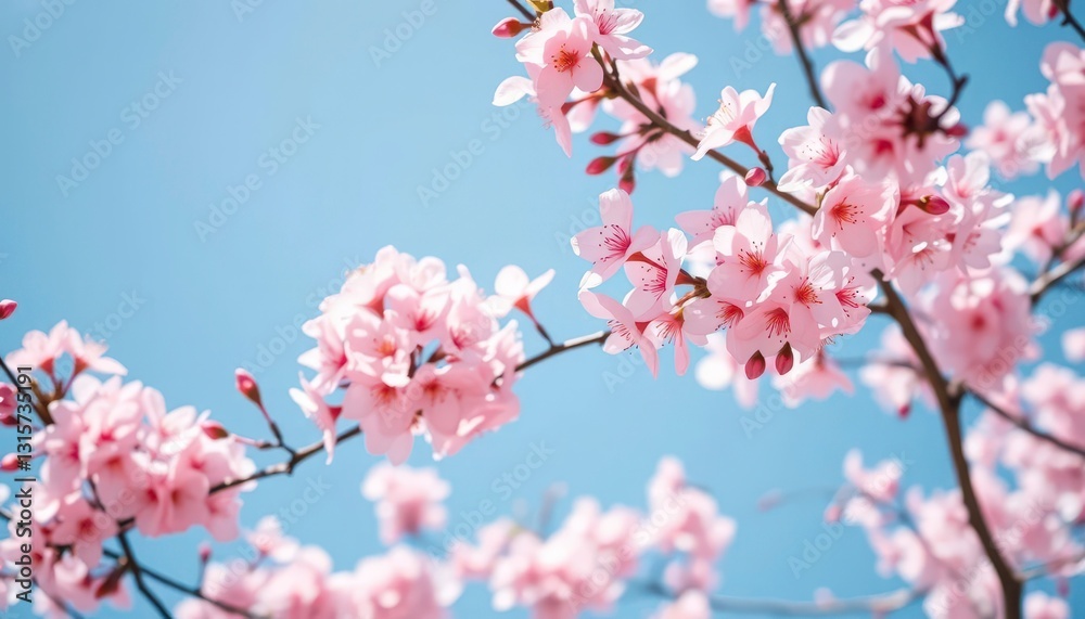 Delicate pink cherry blossoms in full bloom against a clear blue sky, showcasing their ephemeral beauty, blue, soft Delicate pink cherry blossoms in full bloom against a clear blue sky, showcasing their ephemeral beauty, blue, soft