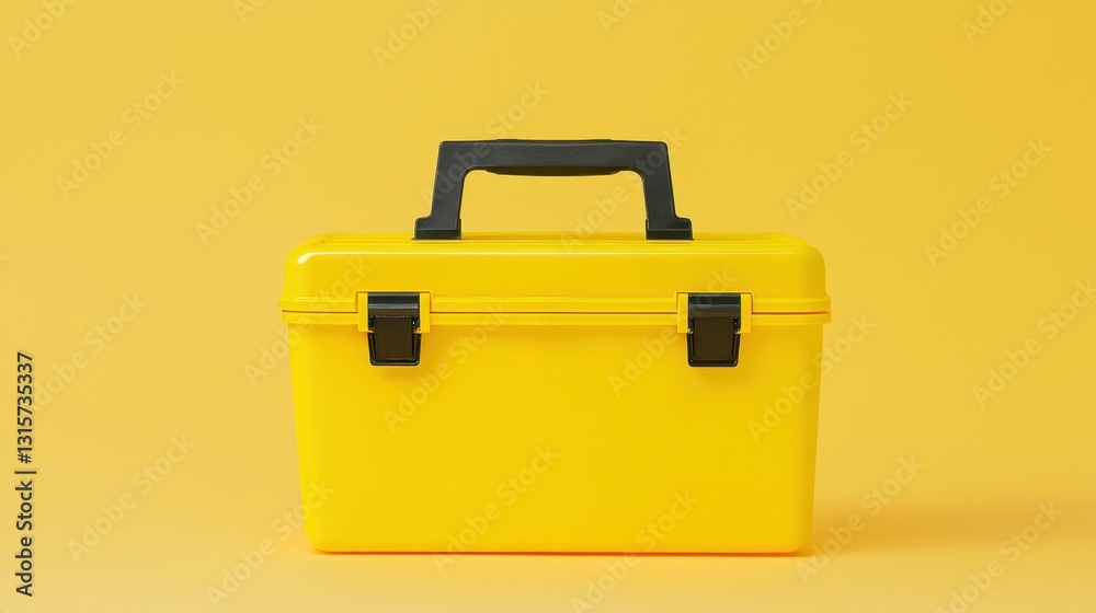 Yellow plastic toolbox on a yellow background. Concept of tools, repair, construction, and maintenance. Yellow plastic toolbox on a yellow background. Concept of tools, repair, construction, and maintenance.
