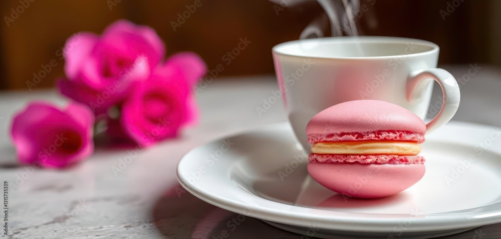 Delicate pink macaron on white plate, beside steaming teacup, French pastry, macaron Delicate pink macaron on white plate, beside steaming teacup, French pastry, macaron