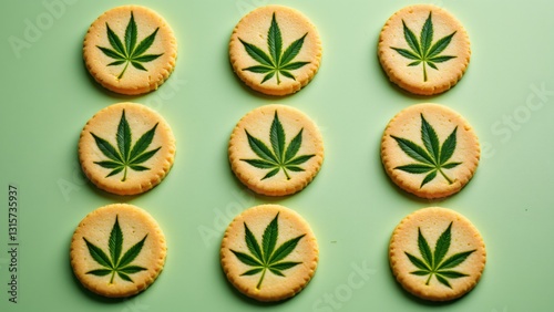 Round Cannabis Cookies with Hemp Leaf Patterns, Unique Edible Creations
