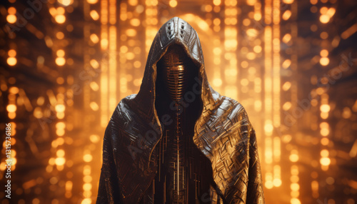 Hooded figure standing in front of a vibrant, golden background with glowing vertical lines. The person is encased in a intricate, metallic outfit. photo