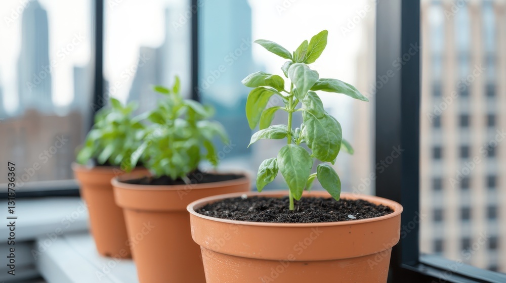 Three basil plants in pots on a windowsill with a city view. Concept of urban gardening, herbs, and healthy eating. Three basil plants in pots on a windowsill with a city view. Concept of urban gardening, herbs, and healthy eating.