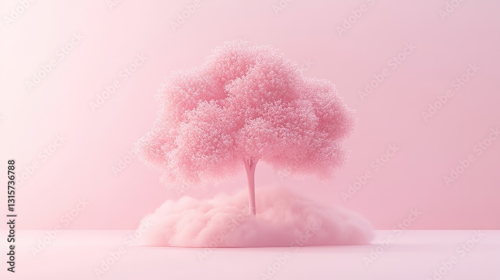Surreal Pink Tree with Fluffy Foliage on Soft Pink Surface, Whimsical and Artistic Design Surreal Pink Tree with Fluffy Foliage on Soft Pink Surface, Whimsical and Artistic Design