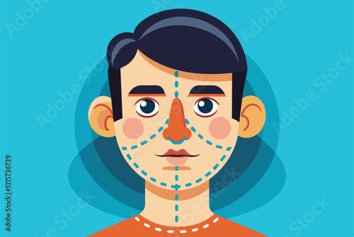 A person discusses customizable rhinoplasty options to correct facial proportions and improve aesthetics, Rhinoplasty Customizable Disproportionate Illustration