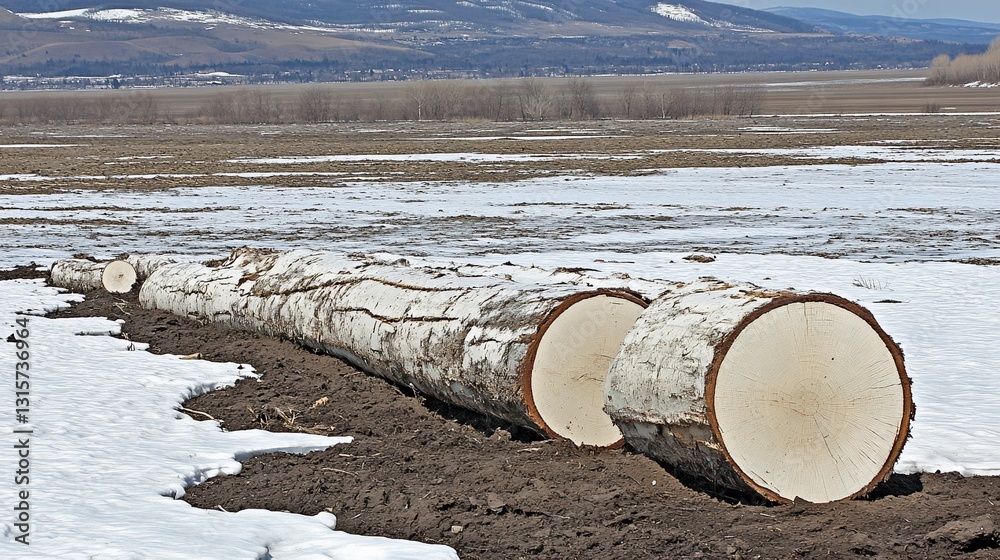 Winter logging, snowy field, cut logs, mountain view, timber industry Winter logging, snowy field, cut logs, mountain view, timber industry