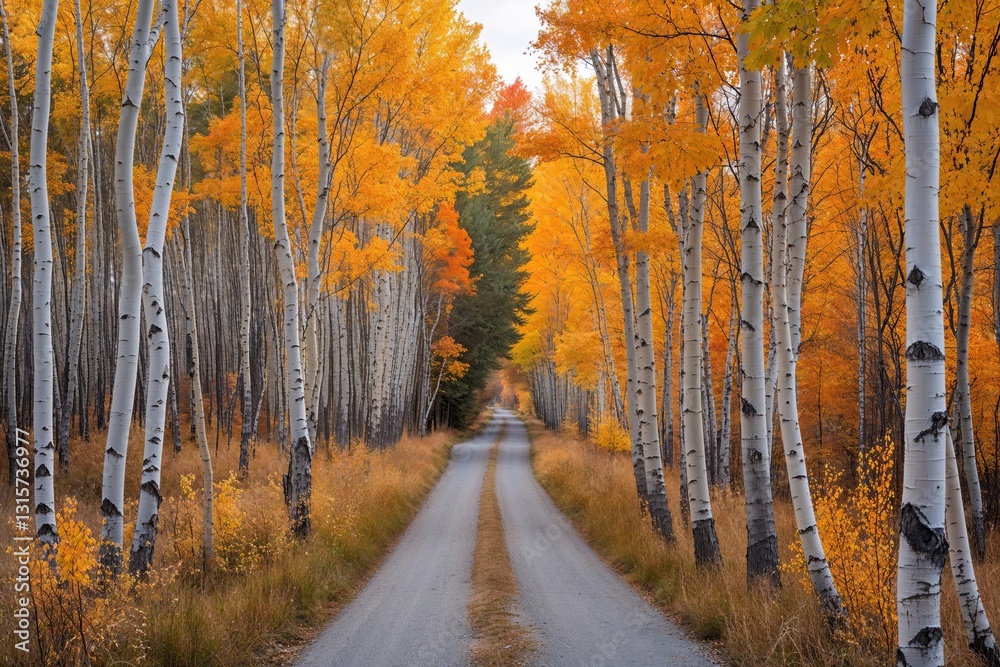 Fototapeta premium Tranquil Lane Surrounded by Aspen and Birch Trees in Gorgeous Autumn Colors