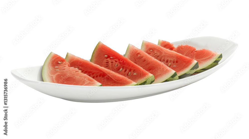 Slices of ripe red watermelon arranged on white plate with transparent background Slices of ripe red watermelon arranged on white plate with transparent background