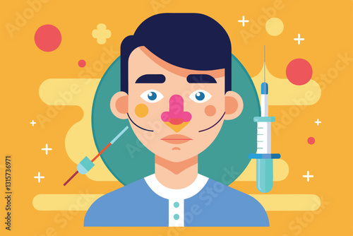 An illustrative representation of a man in a customizable rhinoplasty procedure with medical tools, Rhinoplasty Customizable Flat Illustration
