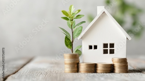 House model with coins and plant. Concept of investment, real estate, and home finance.