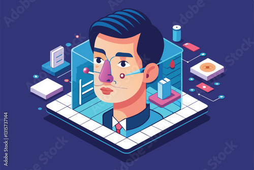 The design features a customizable rhinoplasty model in an isometric view showcasing aesthetic options, Rhinoplasty Customizable Isometric Illustration