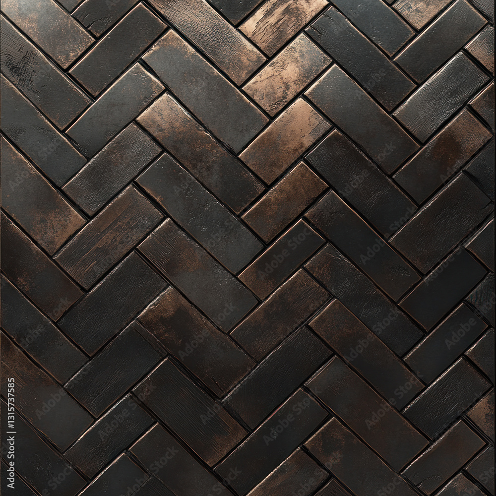 Dark copper metallic herringbone tile pattern. Dark copper metallic herringbone tile pattern.