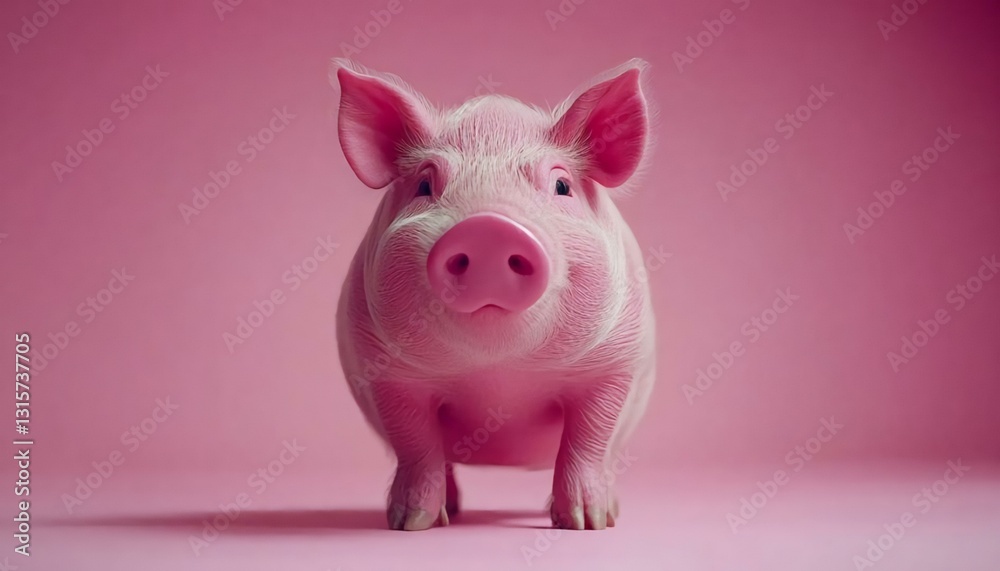 Cute Pink Pig on Pink Background with Bright Expressions and Details Cute Pink Pig on Pink Background with Bright Expressions and Details