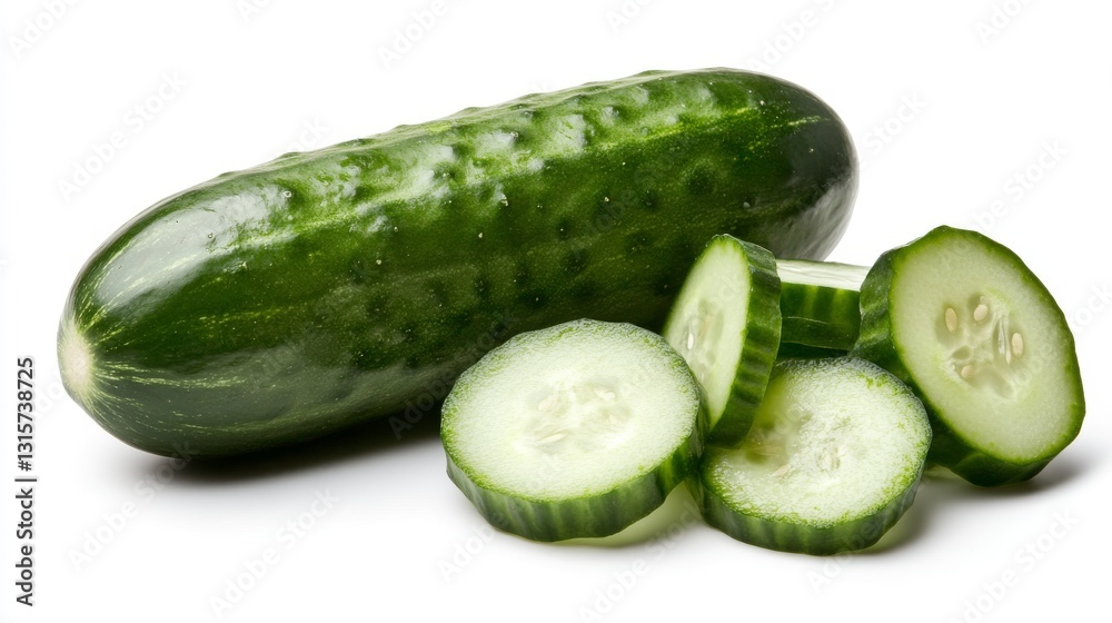 Fresh cucumber whole and sliced, vibrant green against white background Fresh cucumber whole and sliced, vibrant green against white background