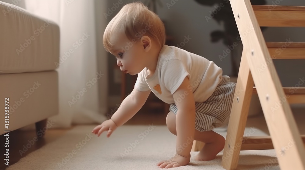 Toddler crawling for home interior, sunlight. Toddler crawling for home interior, sunlight.