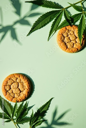 Round Cannabis Cookies on Green Surface with Hemp Leaf Designs