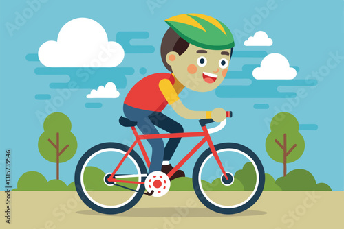 A cheerful child rides a bright red bicycle through a colorful park on a sunny day, Ride a bicycle Customizable Cartoon Illustration