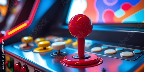 Colorful retro arcade machine with joystick and control buttons, illuminated in neon lights, capturing classic gaming nostalgia in a vibrant and playful atmosphere

