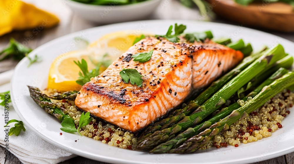 Delicious grilled salmon with a vibrant asparagus and quinoa salad Delicious grilled salmon with a vibrant asparagus and quinoa salad