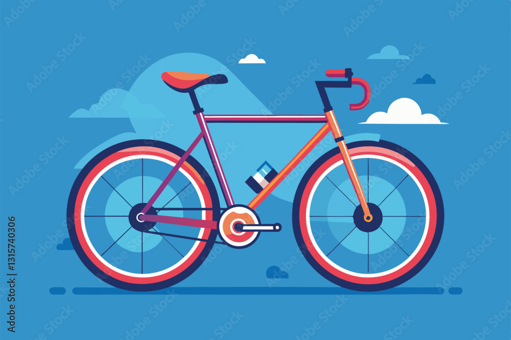 Fototapeta premium A colorful bicycle stands against a vibrant blue background filled with clouds, ready for a ride, Ride a bicycle Customizable Semi Flat Illustration