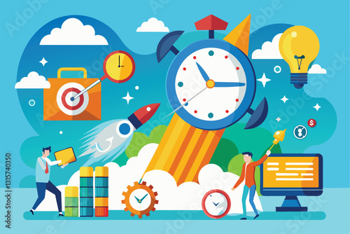 A vibrant illustration showcasing the perfect timing for starting a business with clocks and rockets, Right time to launch a business concept