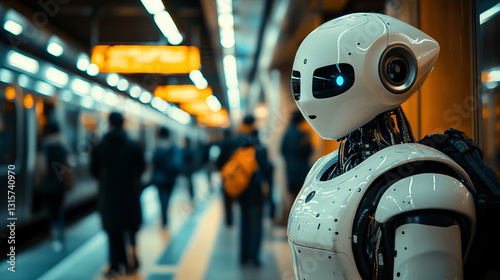 Wallpaper Mural A humanoid AI robot with large black eyes stands in a busy subway station, its sleek white design contrasting with the blurred background of commuters waiting for their train. Torontodigital.ca