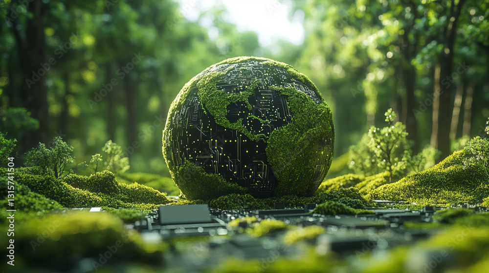 A green circuit-board Earth is covered in moss and trees, blending nature and technology to symbolize sustainability, environmental conservation, and the integration of digital solutions with ecology. A green circuit-board Earth is covered in moss and trees, blending nature and technology to symbolize sustainability, environmental conservation, and the integration of digital solutions with ecology.