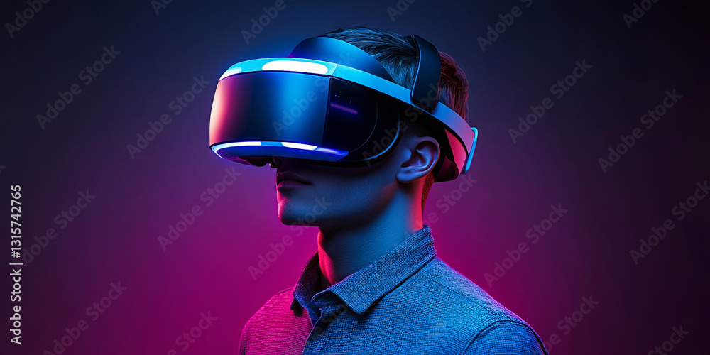 A person wears a virtual reality headset, immersed in a neon-lit digital world, with a vibrant background emphasizing futuristic entertainment, gaming, and interactive experiences. A person wears a virtual reality headset, immersed in a neon-lit digital world, with a vibrant background emphasizing futuristic entertainment, gaming, and interactive experiences.