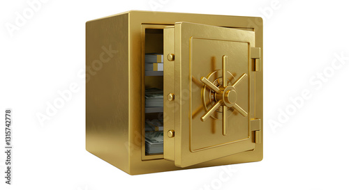 Open golden bank vault with stacks of cash inside on white background