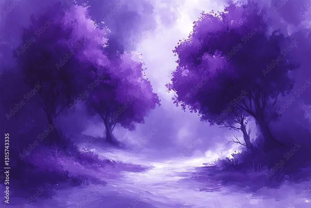 A purple forest path leads between stylized trees in a dreamy scene A purple forest path leads between stylized trees in a dreamy scene