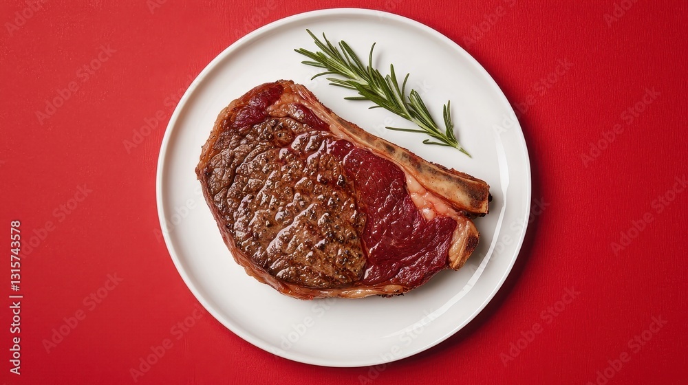 Grilled ribeye steak on a white plate with rosemary garnish. Delicious and juicy steak, perfect for a hearty meal. Grilled ribeye steak on a white plate with rosemary garnish. Delicious and juicy steak, perfect for a hearty meal.
