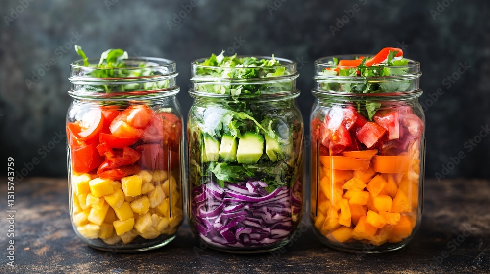 Vibrant Meal Prep Mason Jars Showcasing Colorful Layered Salad Ingredients Vibrant Meal Prep Mason Jars Showcasing Colorful Layered Salad Ingredients