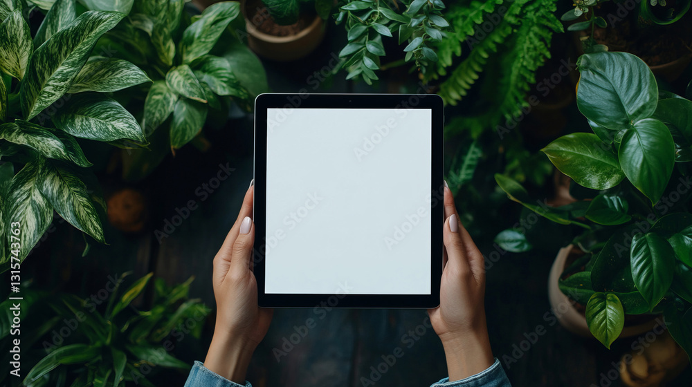 A close-up of hands holding a tablet with a blank white screen is surrounded by plants and a minimalist workspace, creating a modern mockup for digital design, business, and creative presentations. A close-up of hands holding a tablet with a blank white screen is surrounded by plants and a minimalist workspace, creating a modern mockup for digital design, business, and creative presentations.