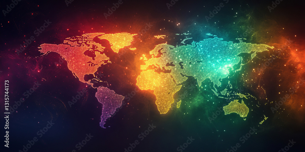 Fototapeta premium A world map made of colorful lights glows against a dark green-to-red gradient, with neon beams shining from above, symbolizing the energy and power of a global technology network.