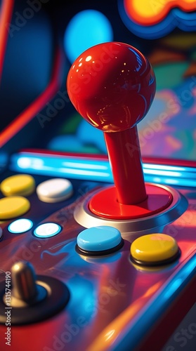 Colorful retro arcade machine with joystick and control buttons, illuminated in neon lights, capturing classic gaming nostalgia in a vibrant and playful atmosphere

