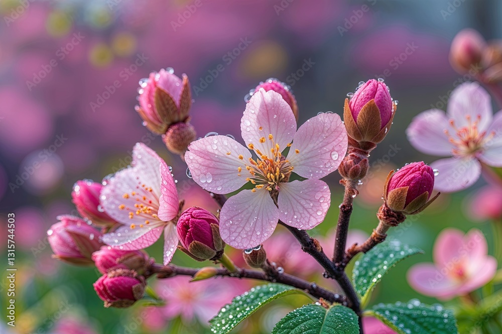 Fototapeta premium Blooming Spring Blossoms with Dewy Petals and Buds in a Vibrant Garden