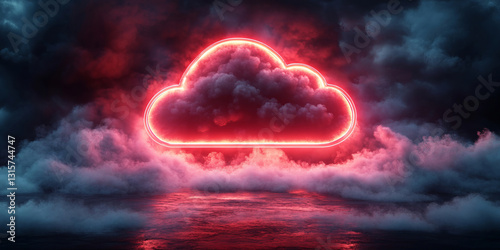 A red neon cloud symbol glows against a dark, moody background with subtle cloud formations, representing the power of cloud computing, digital transformation, and' data storage.