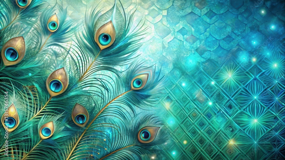 Obraz premium Elegant peacock feathers against a modern abstract turquoise background with geometric patterns and subtle shimmer effects, luxurious, peacock