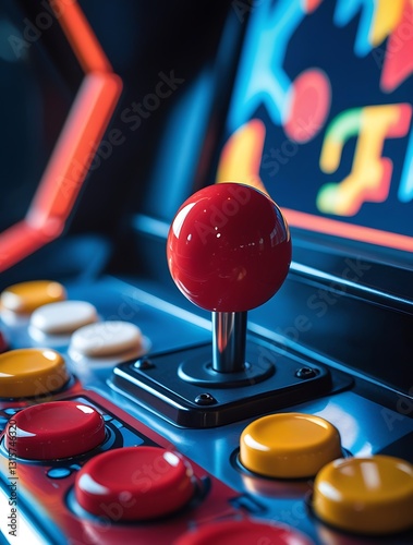 Colorful retro arcade machine with joystick and control buttons, illuminated in neon lights, capturing classic gaming nostalgia in a vibrant and playful atmosphere

