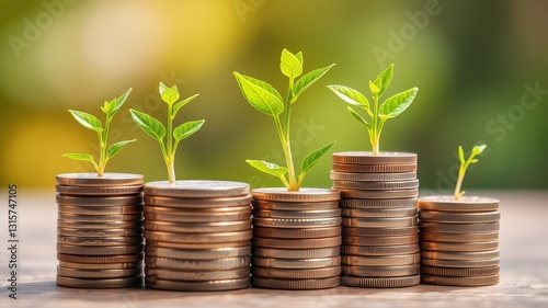 Growth Concept with Coins and Plants Representing Financial Success