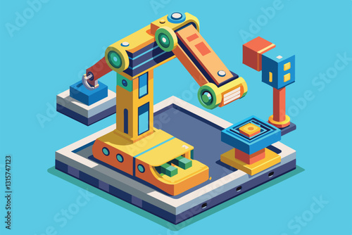 The illustration showcases a customizable robot arm working in a vibrant, modern workshop environment, Robot arm Customizable Isometric Illustration