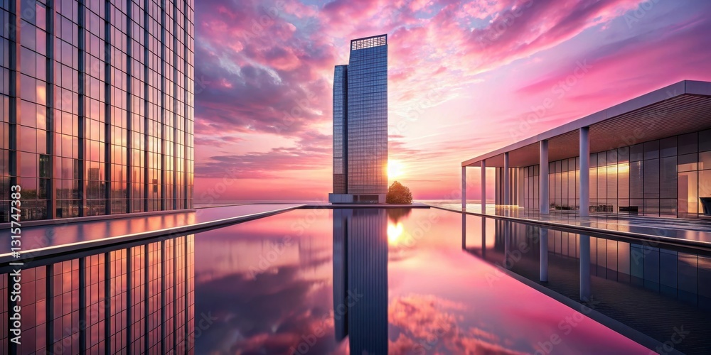 Contemporary pink skyscraper at sunset with sleek architecture and reflection pool, modern pink building, architecture Contemporary pink skyscraper at sunset with sleek architecture and reflection pool, modern pink building, architecture