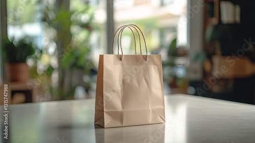 A clean shot of a single paper bag styled with visible branding on a smooth counter. pic