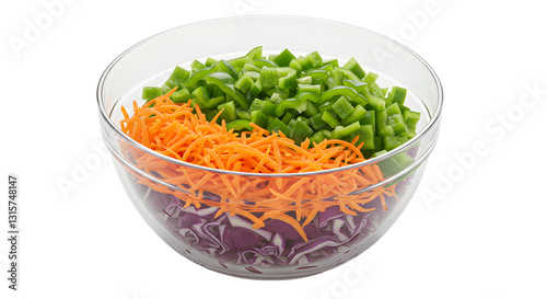 Assortment of fresh cut vegetables layered in a transparent glass bowl