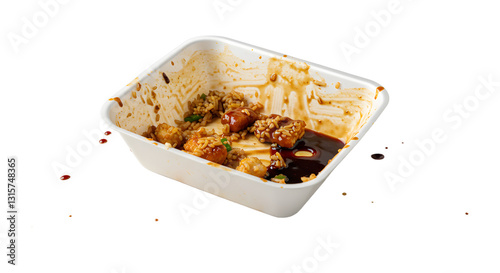 Leftover takeout food container with rice, chicken and dark sauce isolated